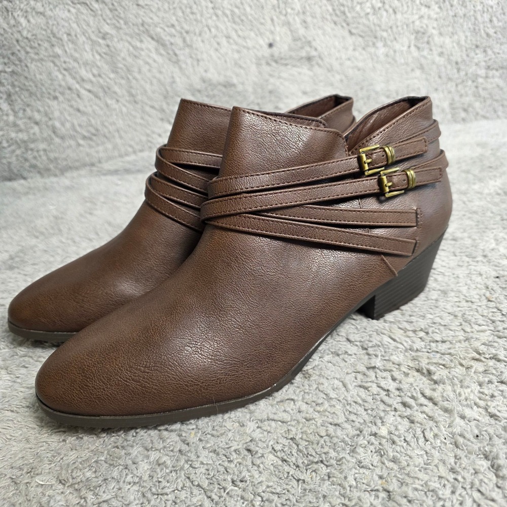 Style & Co Womens Brown Faux Leather Triple‎ Buckle Ankle Boots Booties 12M NEW